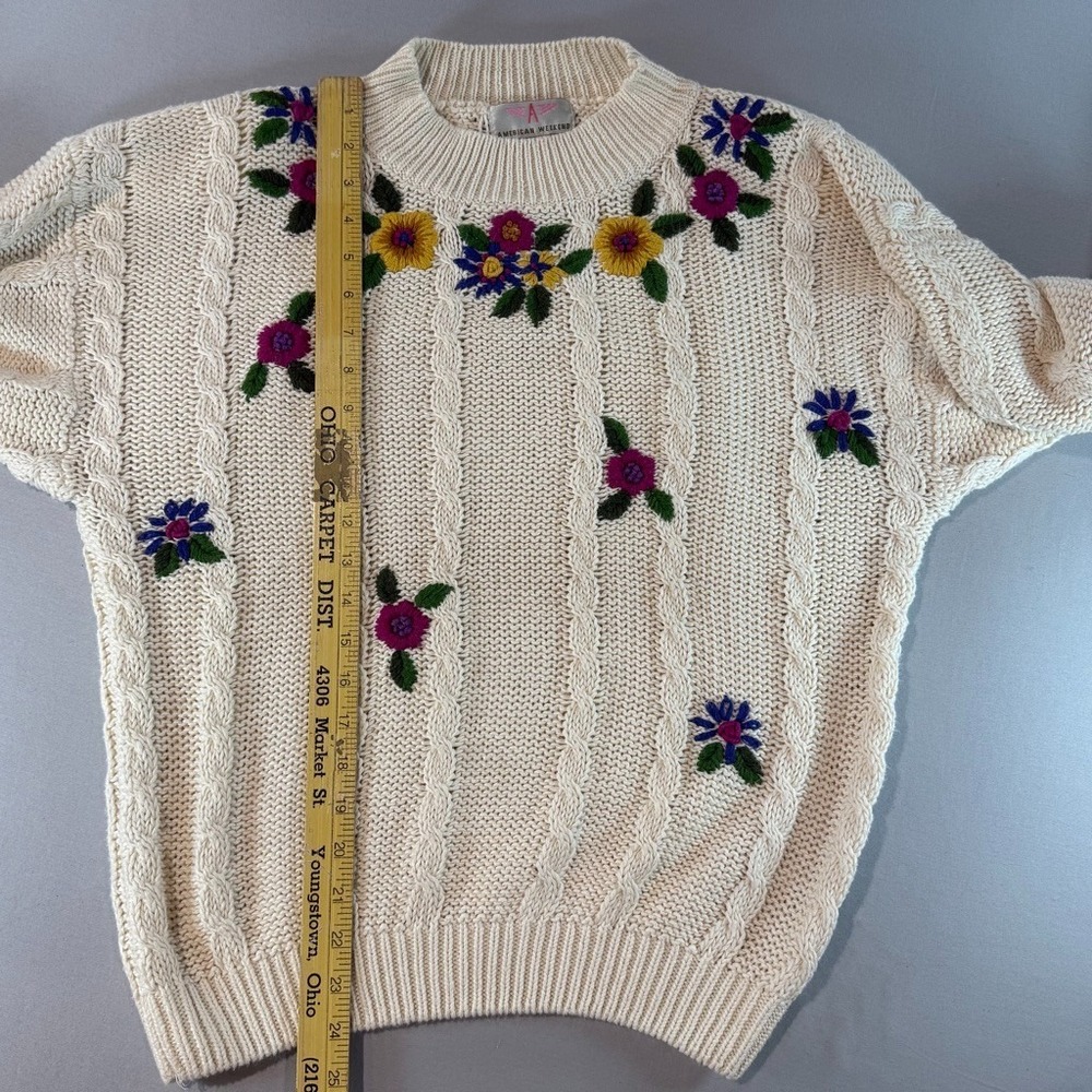 Vintage 90s American Weekend Sweater M Floral Embroidered Cable Knit Ramie - Picture 5 of 6